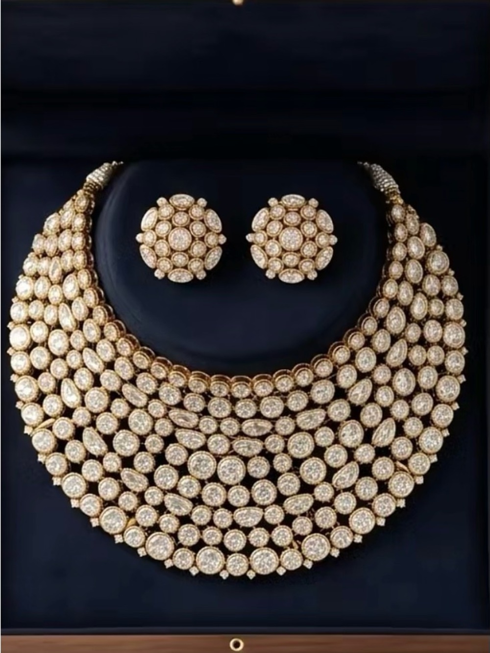 Vintage Kundan Polki Stone Crystal Multi-Layer Statement Bridal Necklace Set
